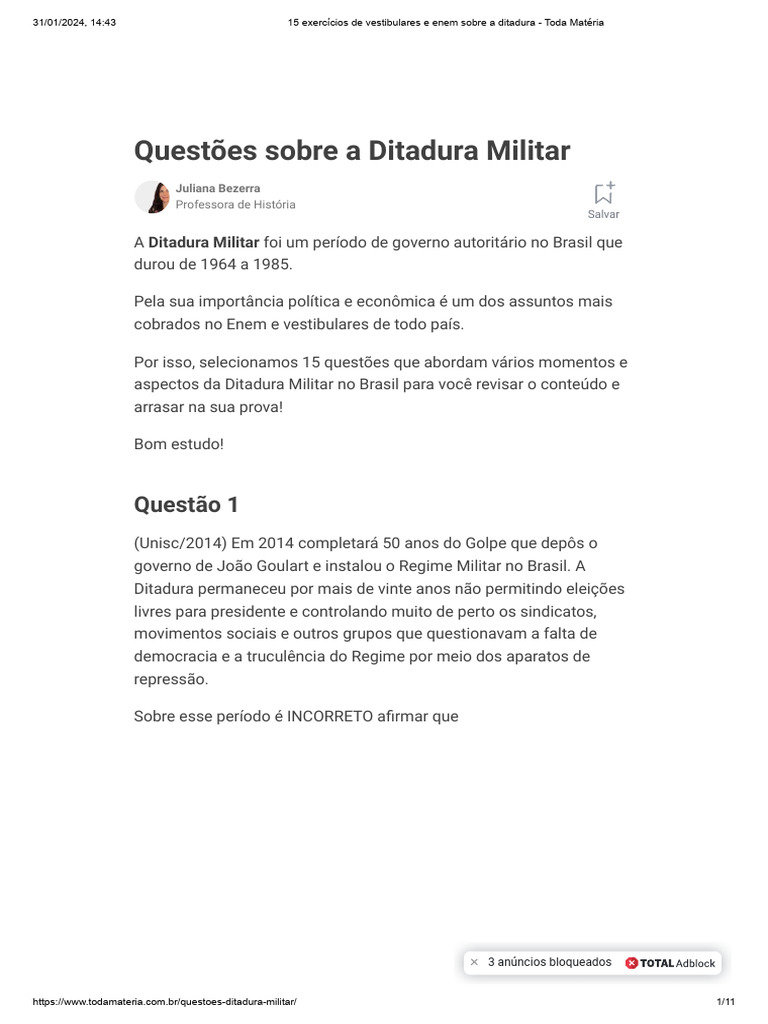 Exercícios sobre a Ditadura Militar | PDF | Brasil