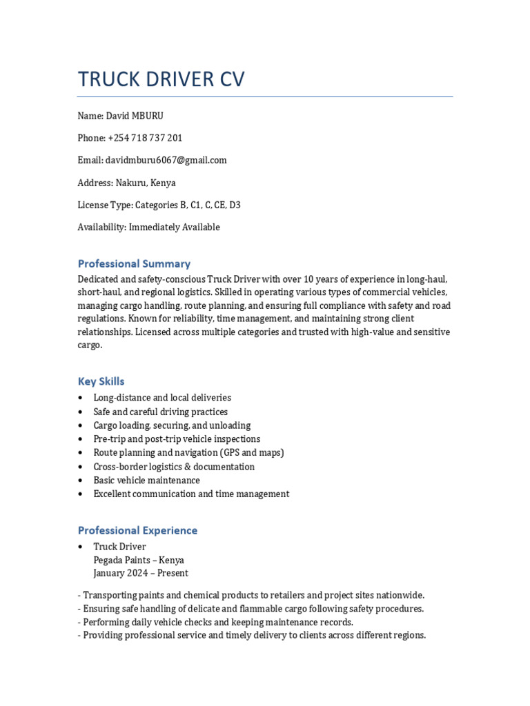 David Mburu: Experienced Truck Driver | PDF