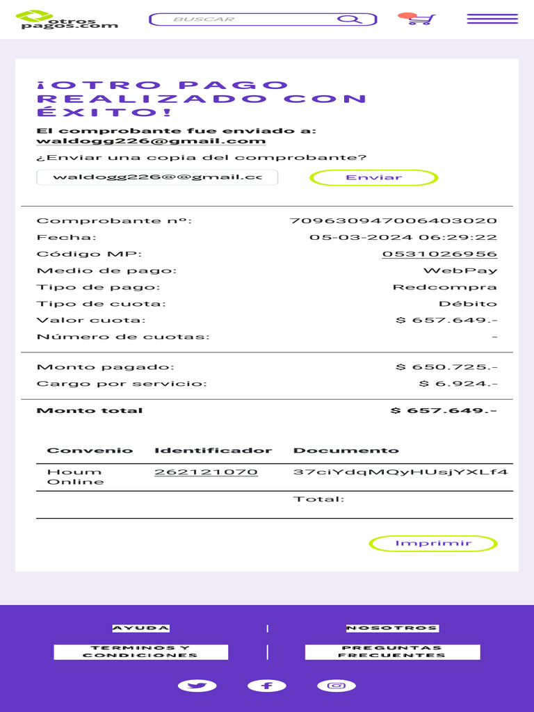 Comprobante de Pago WebPay Redcompra | PDF