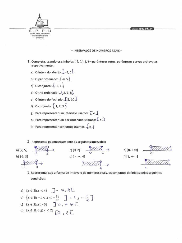 2 1 Intervalos De Numeros Reais Exercícios Correção Pdf