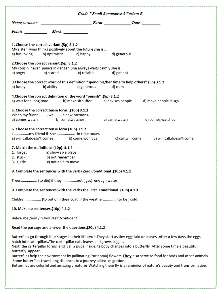 Grade 7 English Summative Assessment B | PDF | Butterfly