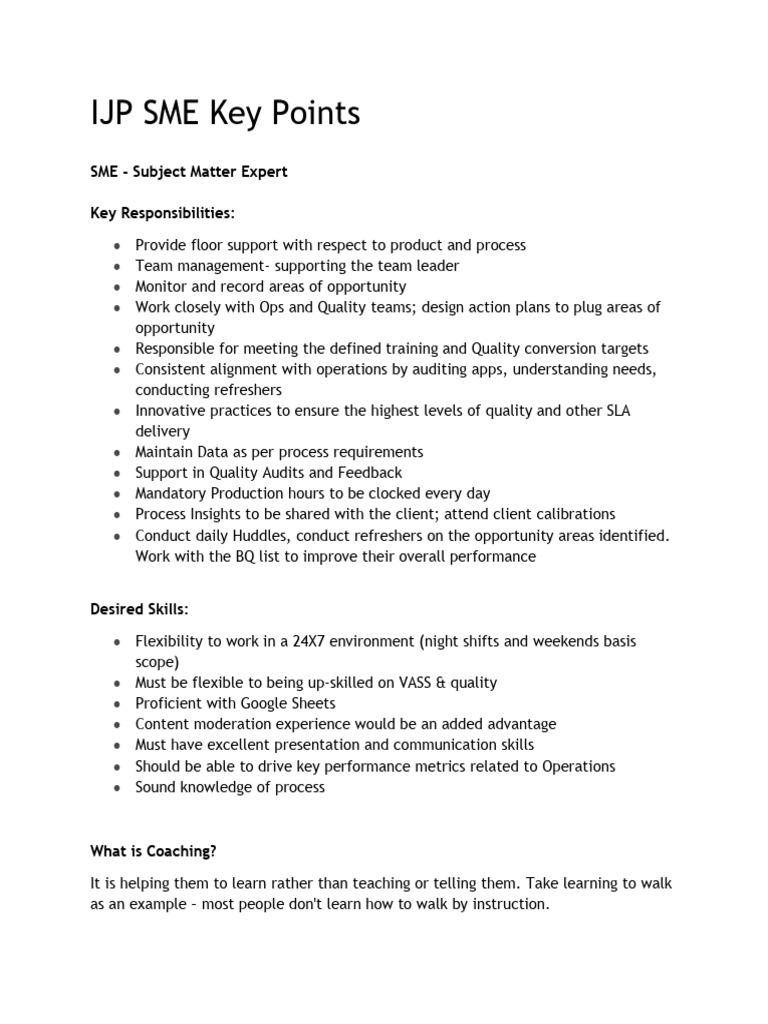 SME Responsibilities and Coaching Insights | PDF | Cognition | Learning