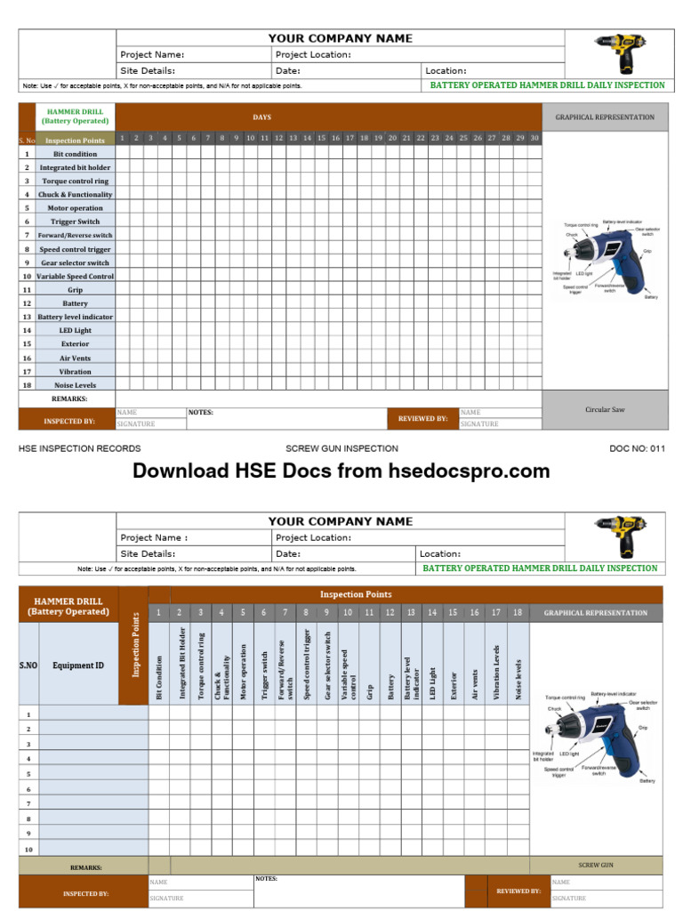Battery Operated Drill Inspection Checklist | PDF | Drill | Diesel Engine