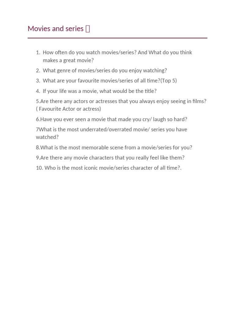 Movie and Series Discussion Questions | PDF