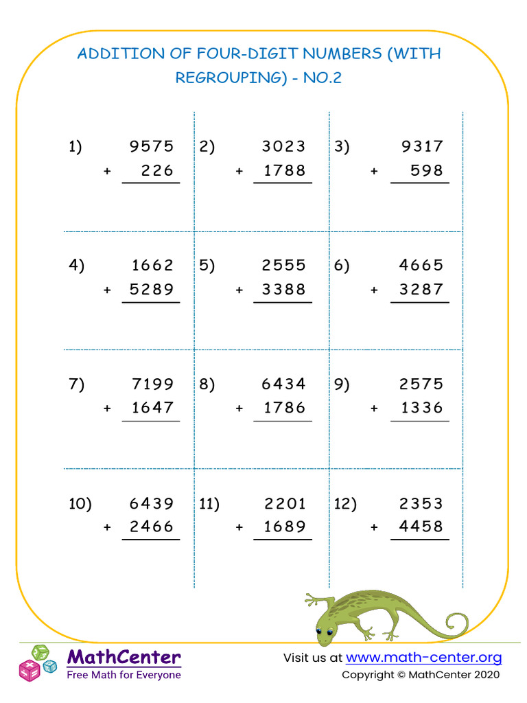 Addition of Four Digit Numbers With Regrouping No.2 Questions | PDF