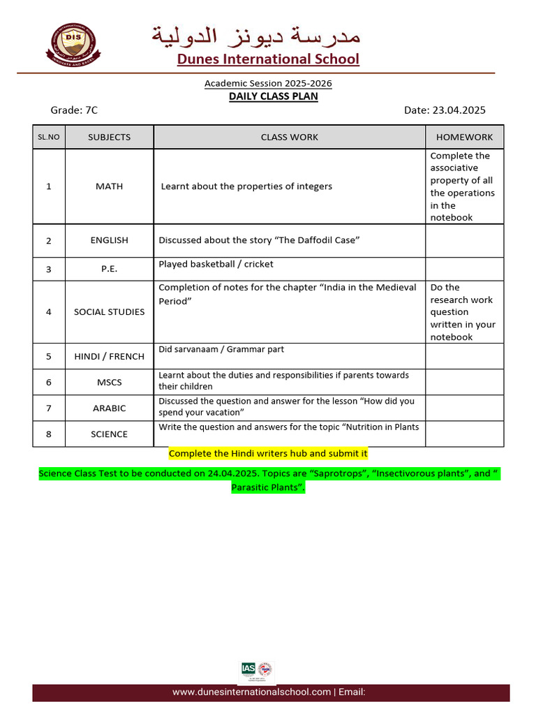 7C DCP Wednesday 23.04.2025 | PDF | Learning