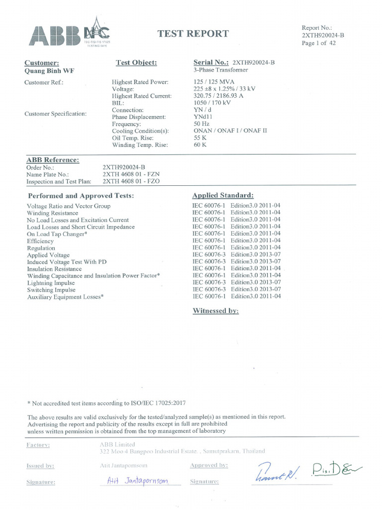 2XTH920024-B FAT Report (23mar21) MBA | PDF | Transformer | Electricity