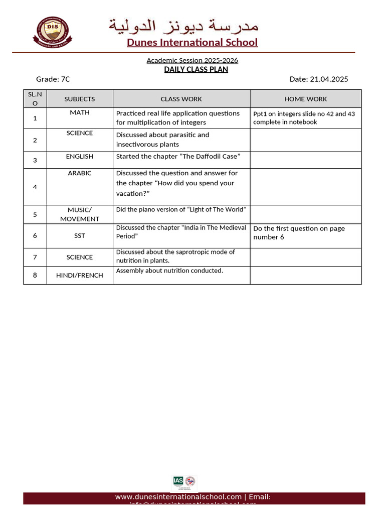 Grade 7C Daily Class Plan 2025-2026 | PDF