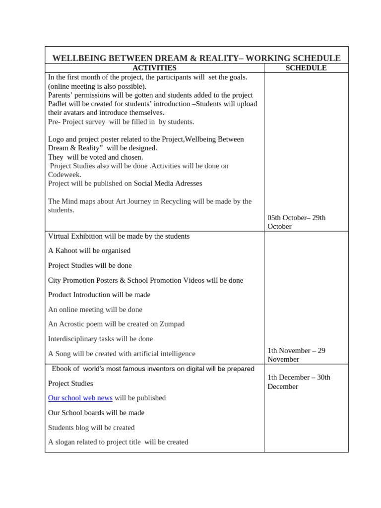 Wellbeing Project Schedule & Activities | PDF