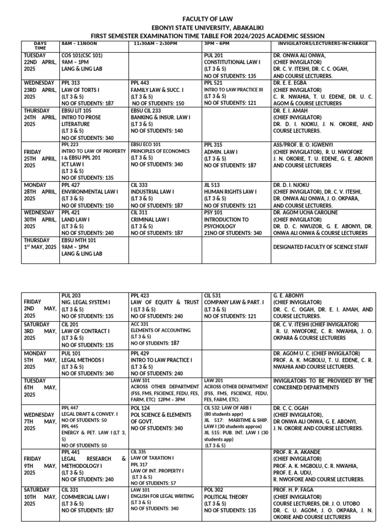 Final Faculty of Law 1st Semester Exam Timetable 2024-2025 Published | PDF