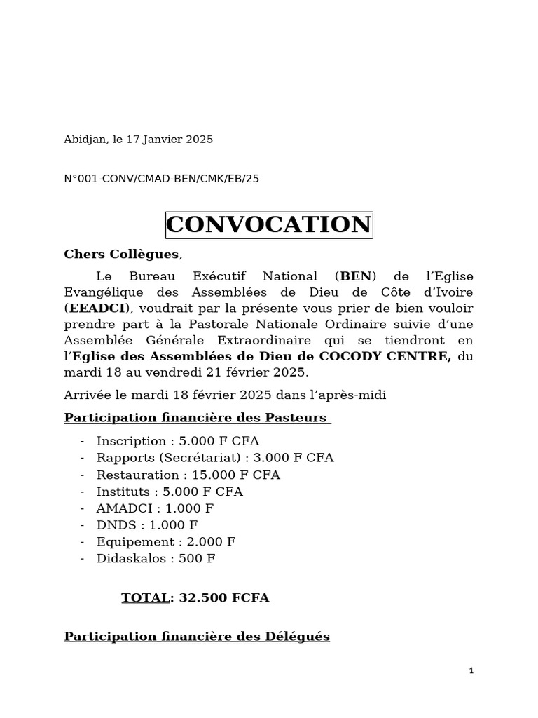 Convocation Pastorale 2025 EEADCI | PDF