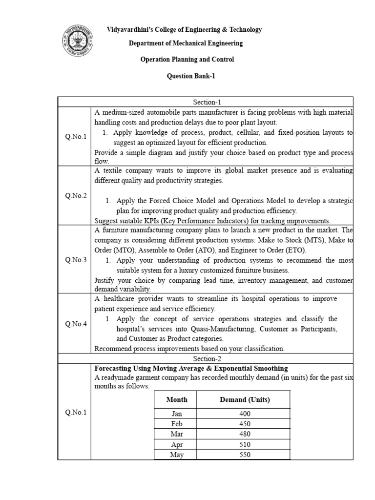 Mechanical Engineering Operations Questions | PDF | Forecasting ...