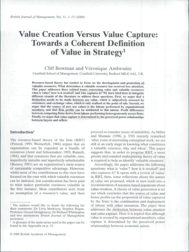 Defining Value in Resource-Based Theory | PDF | Value (Economics ...