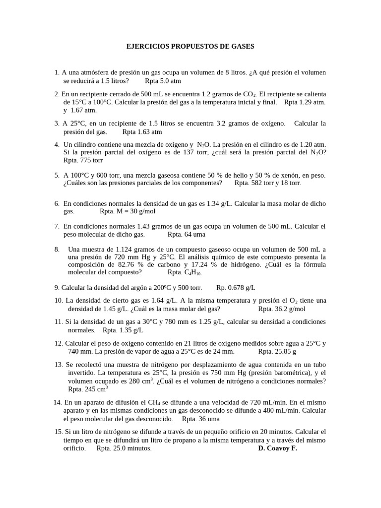 Ejercicios sobre gases y sus propiedades | PDF | Gases | Oxígeno