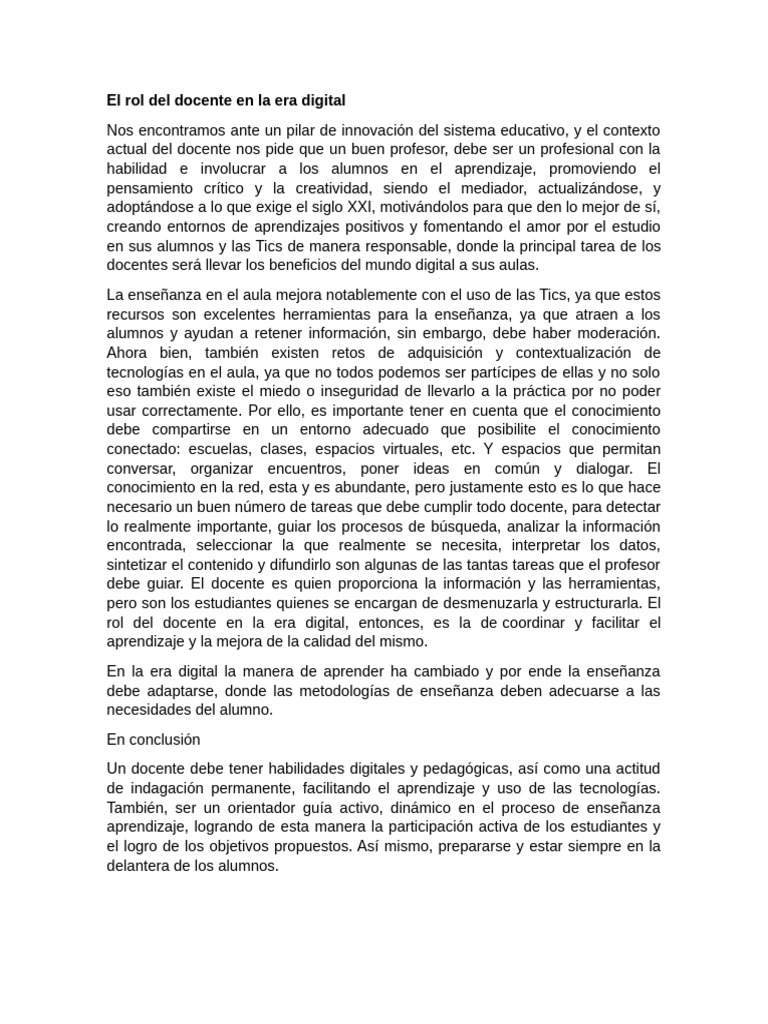 Rol del docente en la era digital | PDF | Enseñando | Maestros