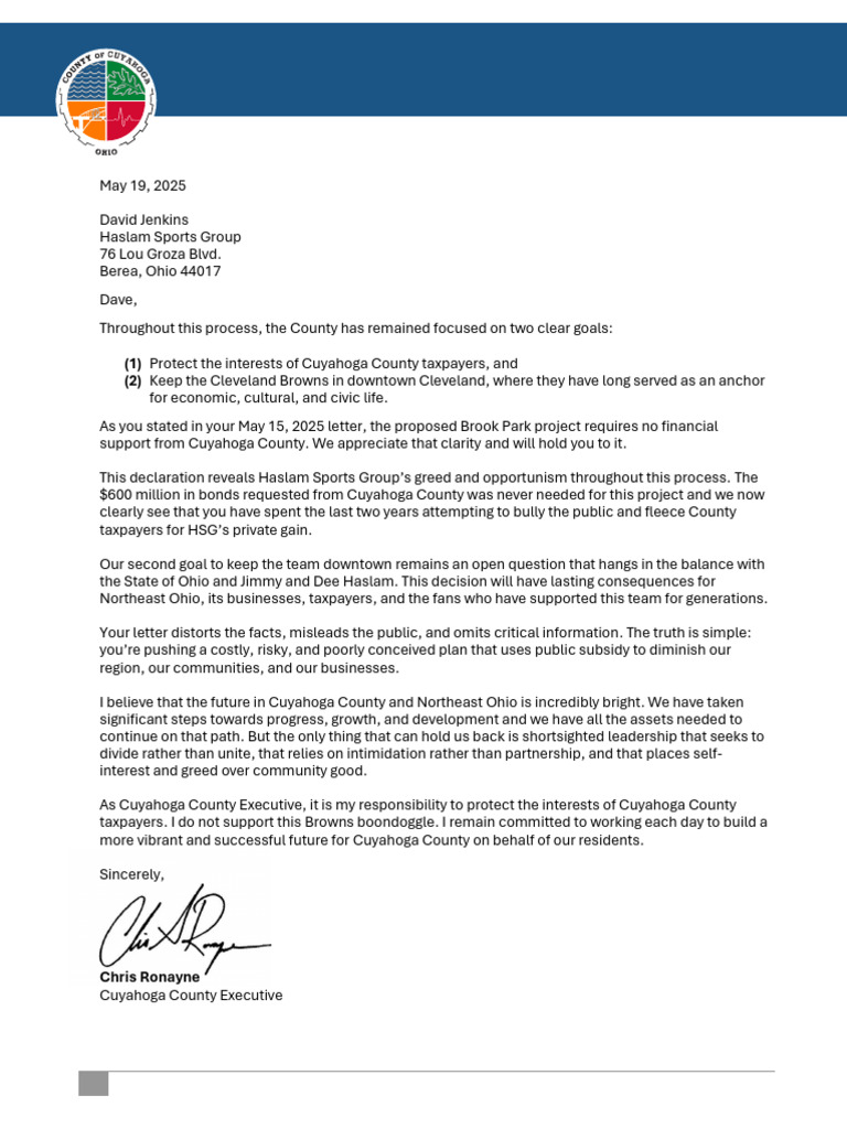 Cuyahoga County Executive Chris Ronayne Letter To HSG 5.19.25 | PDF