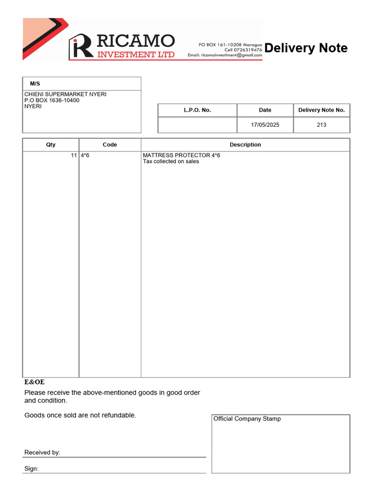 Delivery Note: M/S Chieni Supermarket Nyeri P.O BOX 1636-10400 Nyeri L ...
