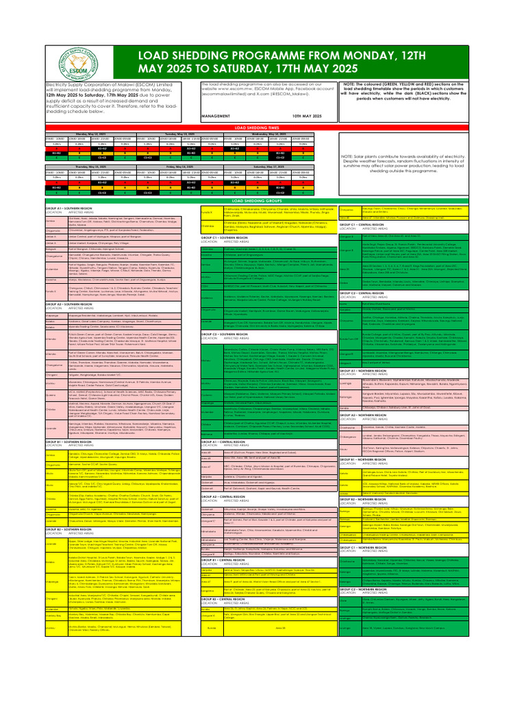 Load Shedding Programme From Monday 12TH May 2025 To Saturday 17TH May ...