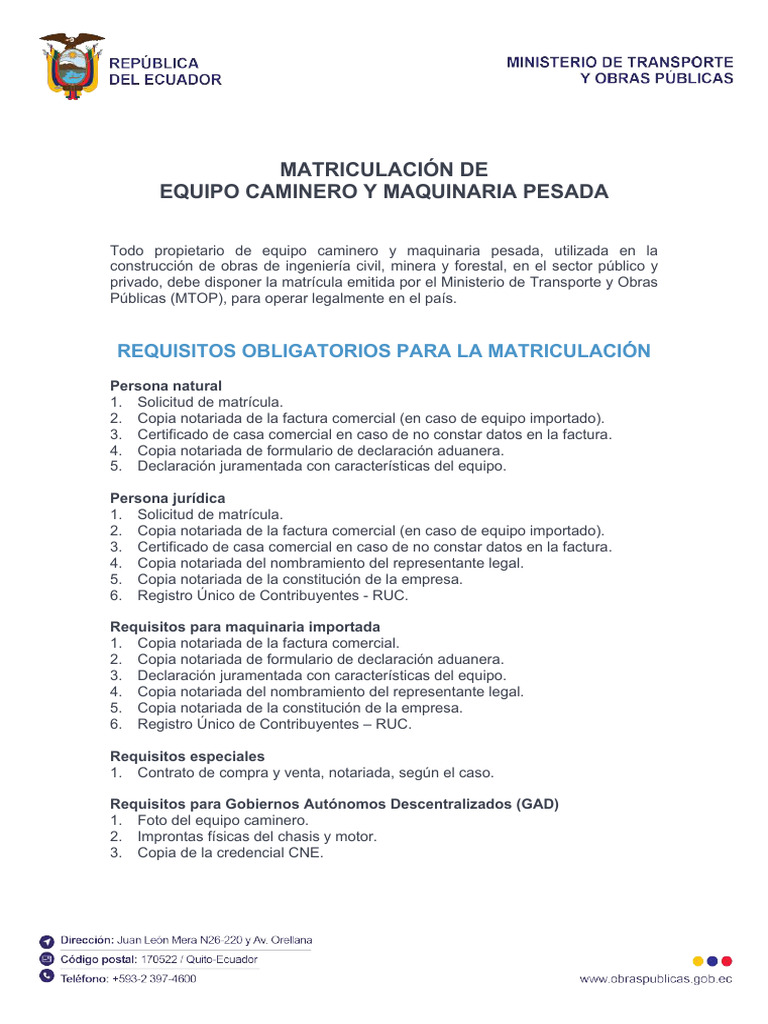Matrícula de Maquinaria Pesada MTOP | PDF