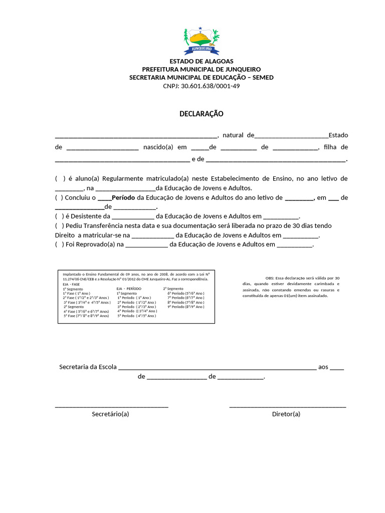 Declaração EJA - Educação de Jovens e Adultos | PDF