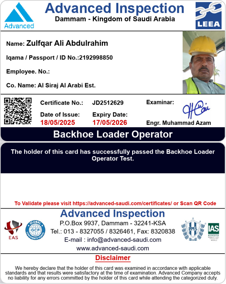 Zulfqar Ali Abdulrahim Backhoe Loader Operator | PDF