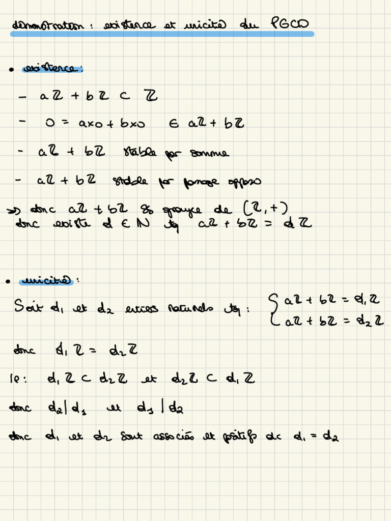 PGCD : Existence et unicité démontrées | PDF | Mathématiques discrètes ...