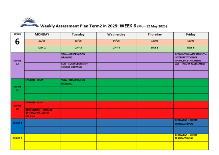 WEEKLY ASSESSMENT PLAN FOR TERM 2 Week 6 Mon 12 May 2025 | PDF