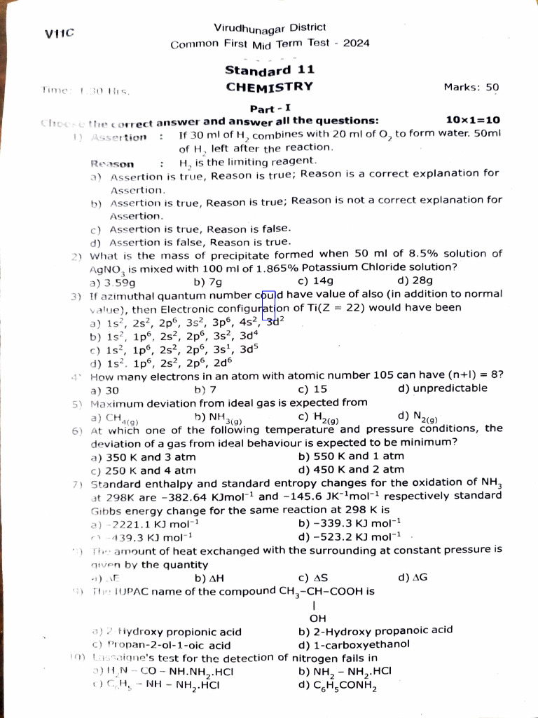 11th Chemistry Mid Term Question Paper 2024 | PDF | Ammonia | Chemical ...