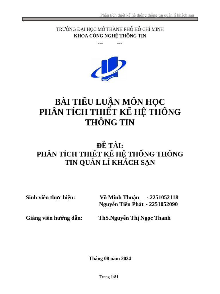 Phan Tich Thiet Ke He Thong Thong Tin Quan Li Khach San Compress | PDF