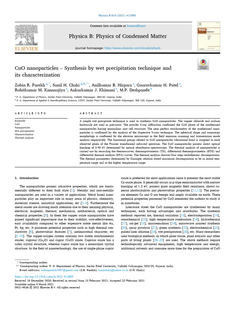 Synthesis and Characterization of CuO Nanoparticles | PDF ...