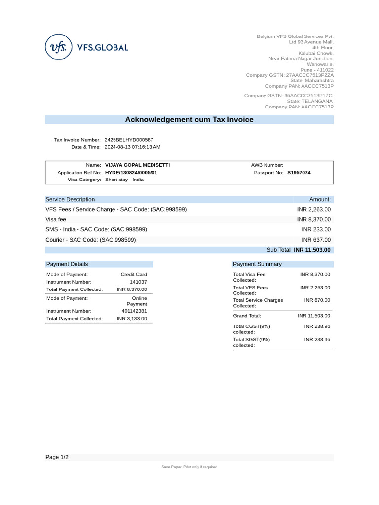 Belgium Visa Payment Acknowledgment Invoice | PDF | Receipt | Passport