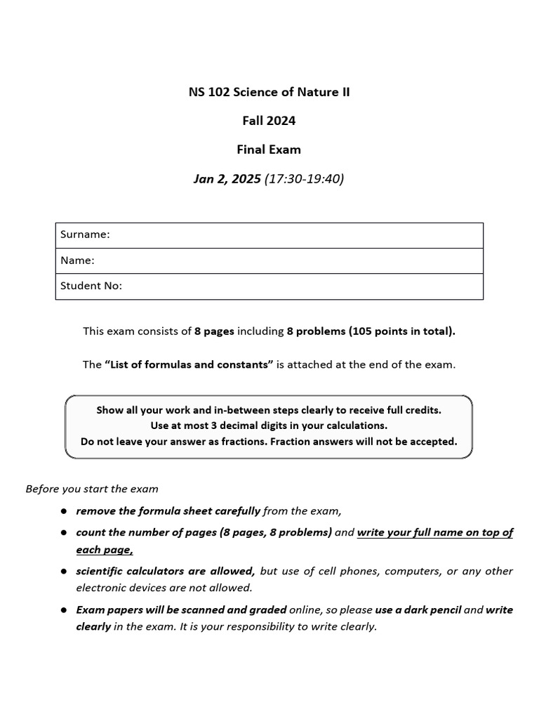 NS 102 Final Exam Overview - Fall 2024 | PDF | Chemical Synapse | Synapse