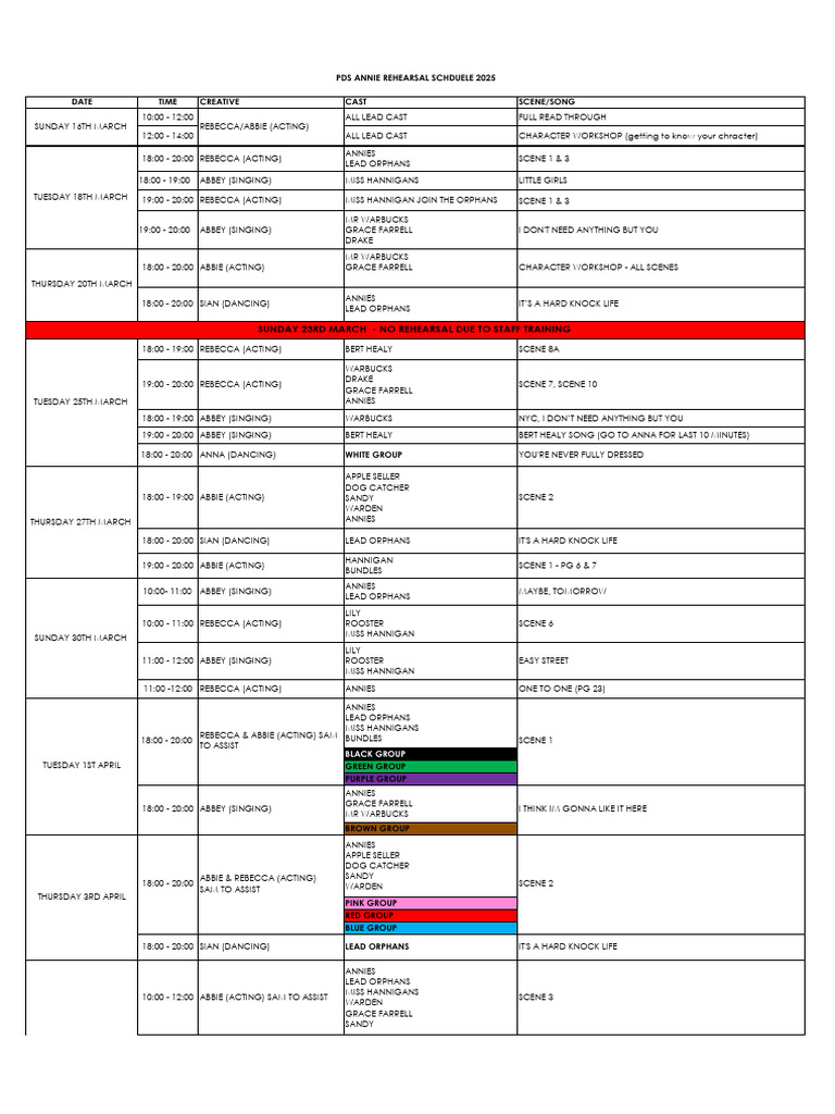 Annie 2025 Rehearsal Schedule | PDF | Annie (Musical) | Musical Theatre ...