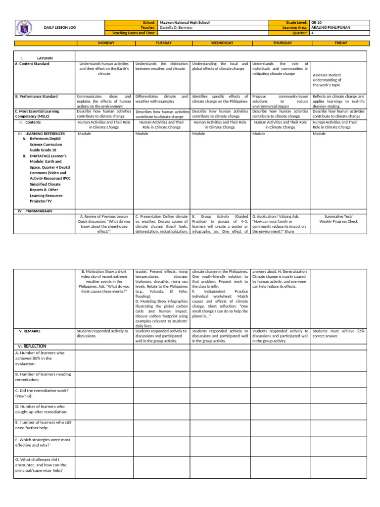 Grade 10 Climate Change Lesson Plan | PDF | Climate Change | Climate