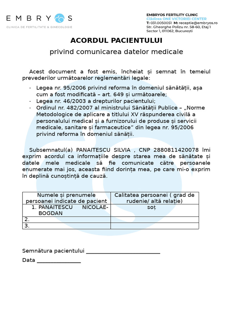 Acord Pacient Comunicare Date Medicale | PDF