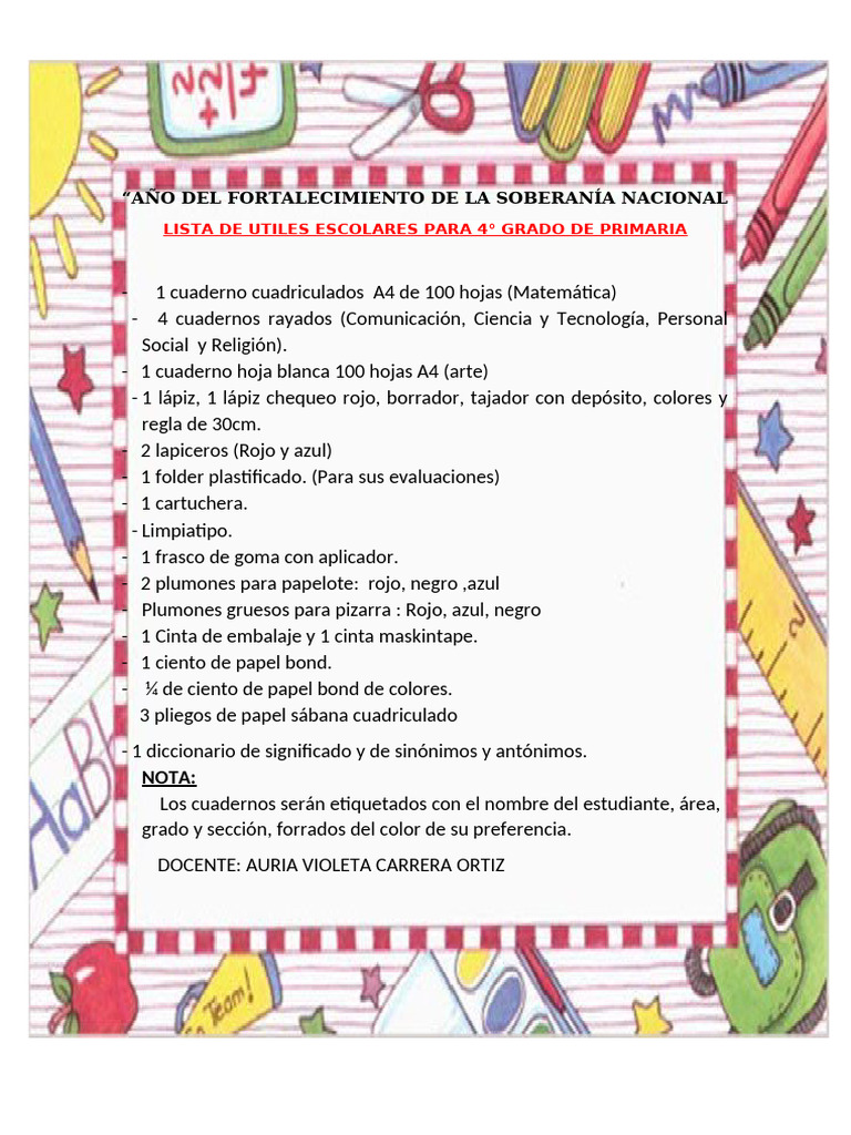 Lista de Útiles para 4° Grado | PDF