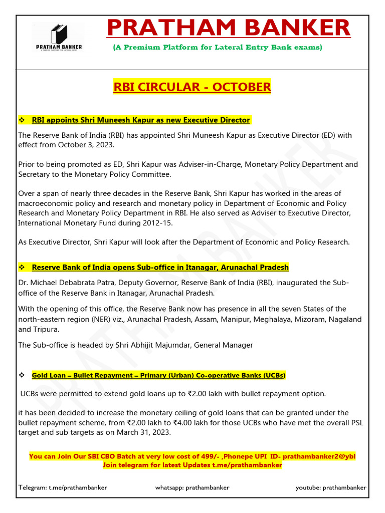 Pratham Banker: Rbi Circular - October | PDF | Banks | Reserve Bank Of ...