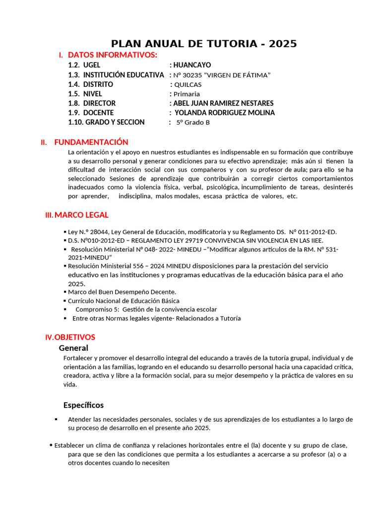 Plan Anual de Tutoria Actual | PDF | Las emociones | Plan de estudios