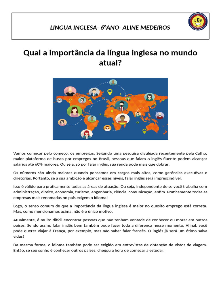 Importância da Língua Inglesa Hoje | PDF | Língua inglesa | Linguagem ...