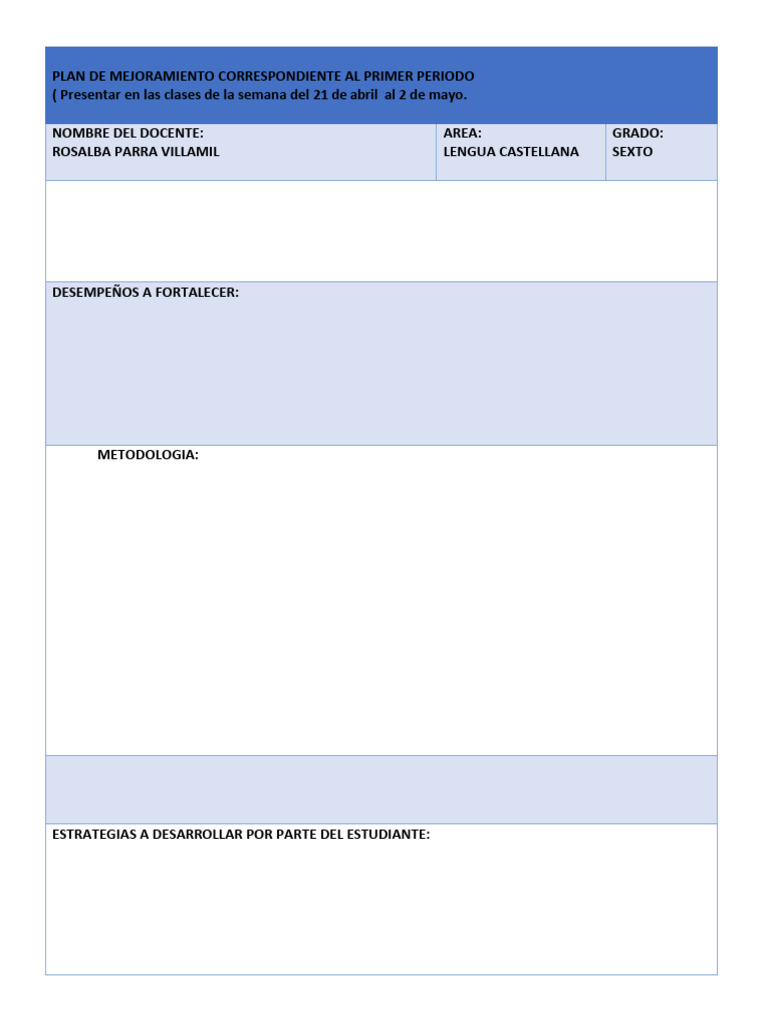 Plan de Mejoramiento Lengua Castellana 6° | PDF | Comprensión lectora ...