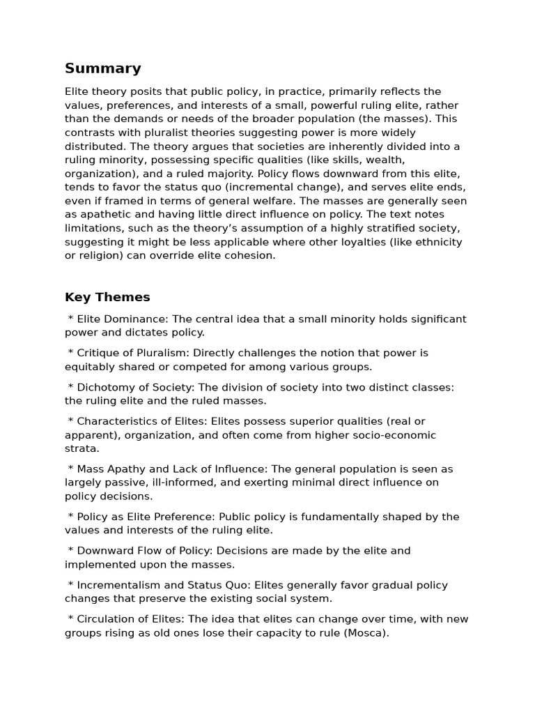 Elite Theory: Power and Public Policy | PDF | Elite | Society
