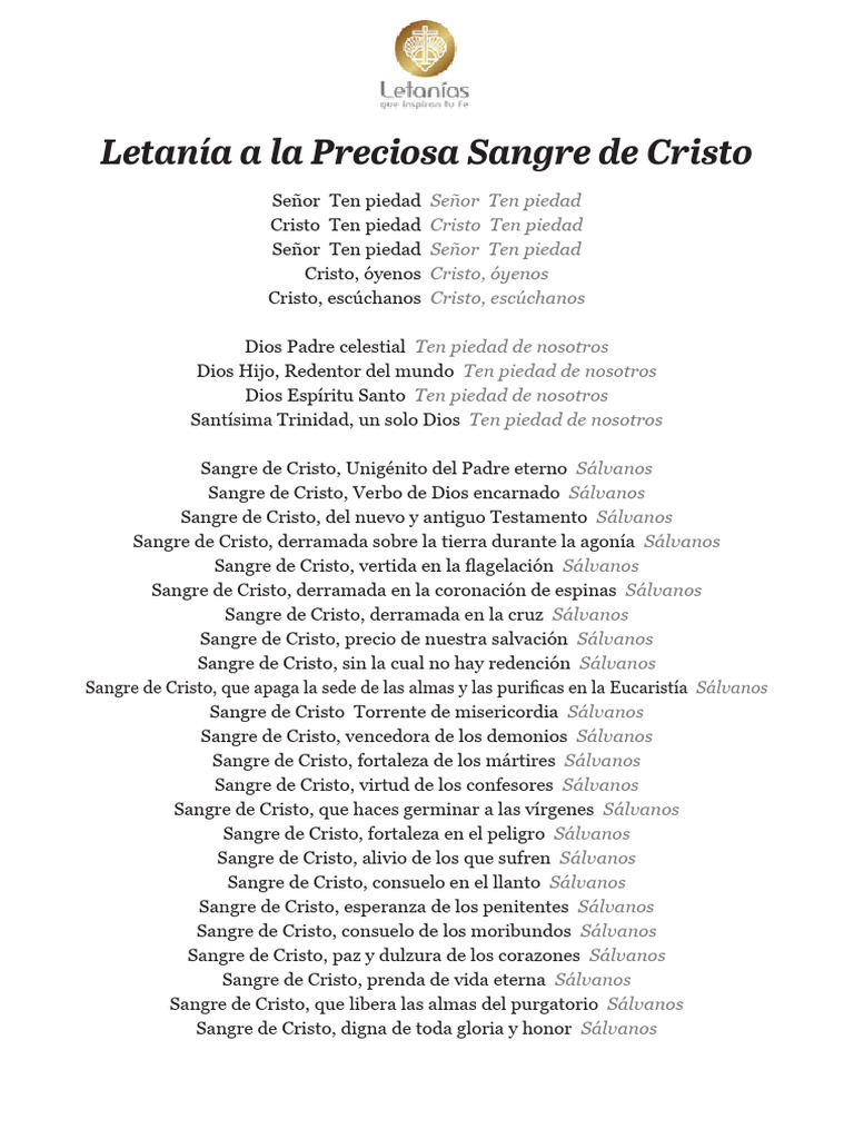Letanía a la Preciosa Sangre de Cristo | PDF | Cristo (título ...