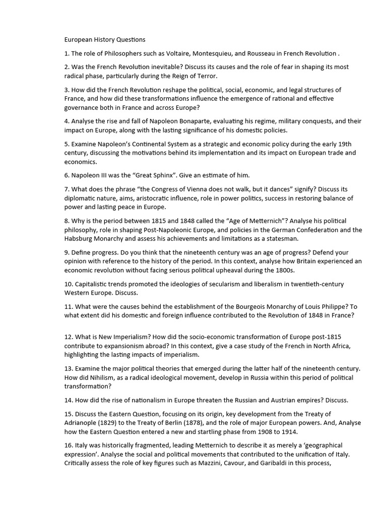 Key Questions on European History | PDF | German Empire | World War I