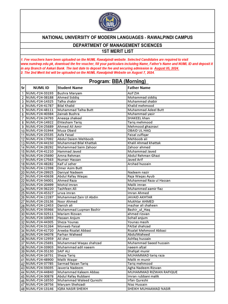 NUML BBA 1st Merit List 2024 | PDF
