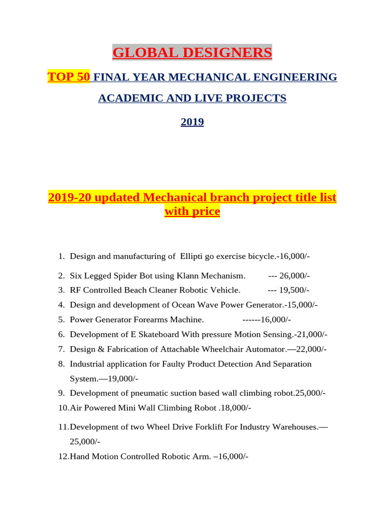 Top 50 Mechanical Engineering Projects | PDF | Vehicles | Engines
