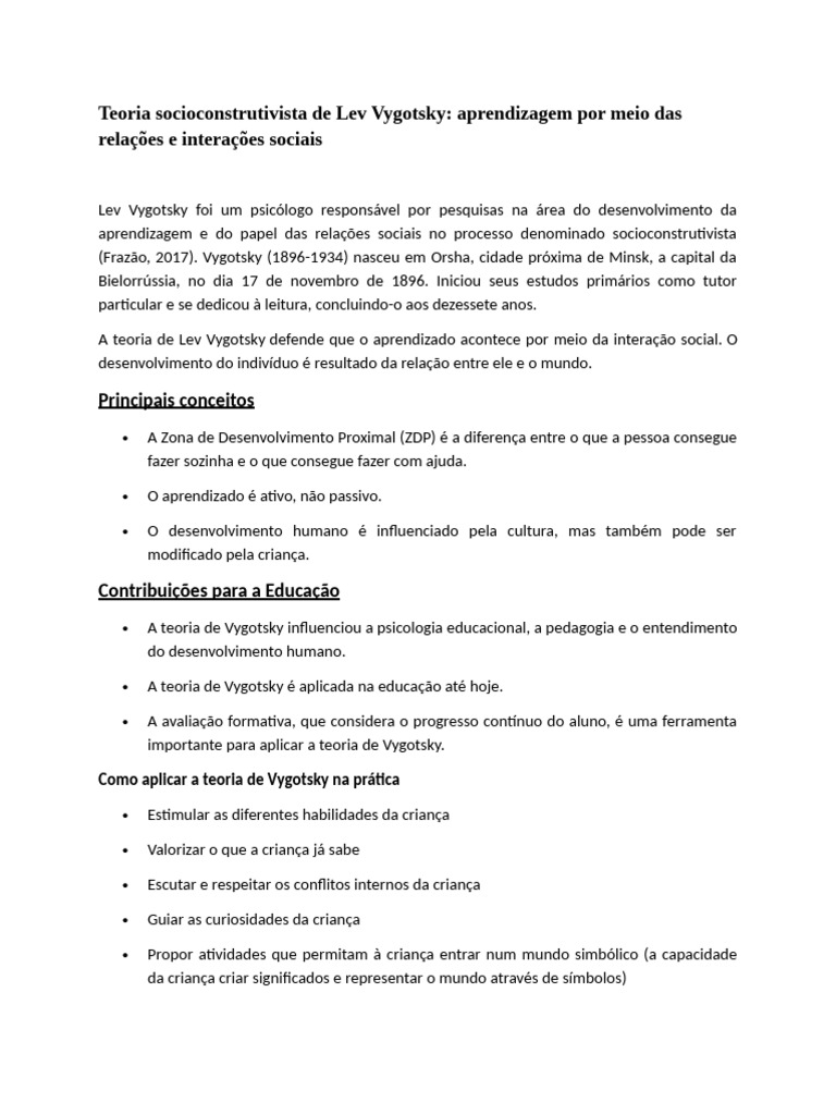 Vygotsky: Aprendizagem e Interação Social | PDF | Aprendizado | Psicologia