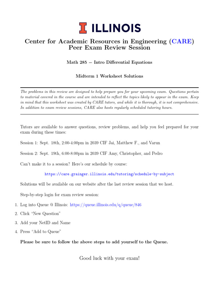 Math 285 Midterm 1 Exam Review | PDF | Equations | Ordinary ...