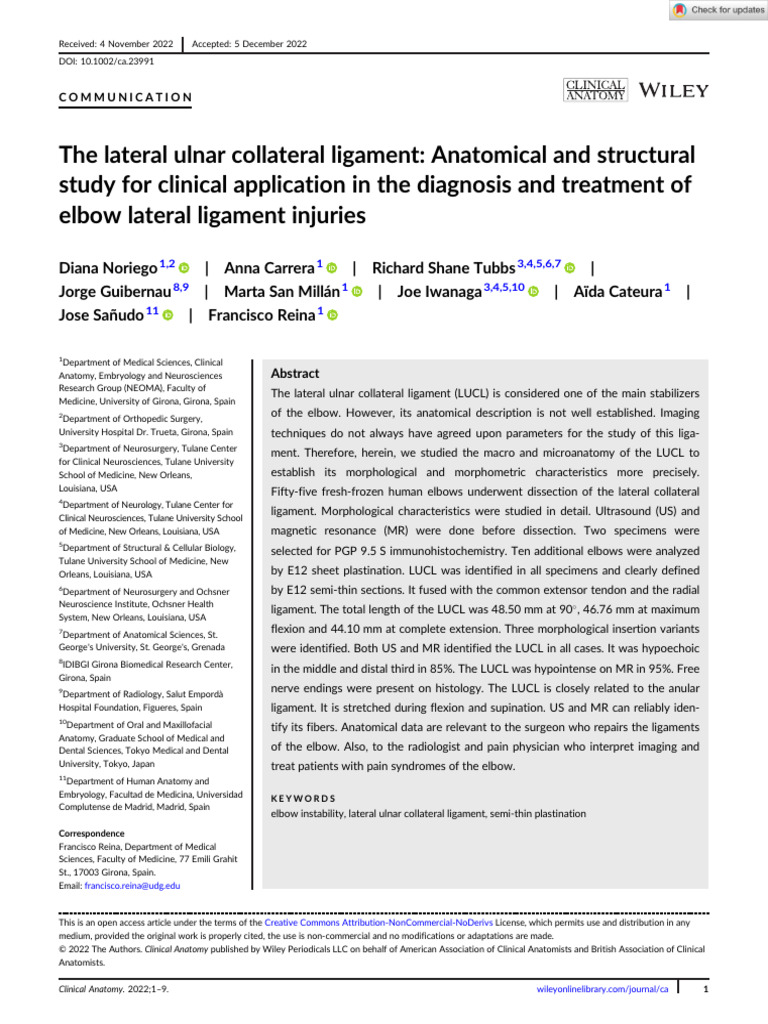 Clinical Anatomy - 2022 - Noriego - The Lateral Ulnar Collateral ...