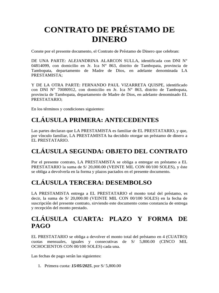 Contrato de Préstamo de Dinero | PDF