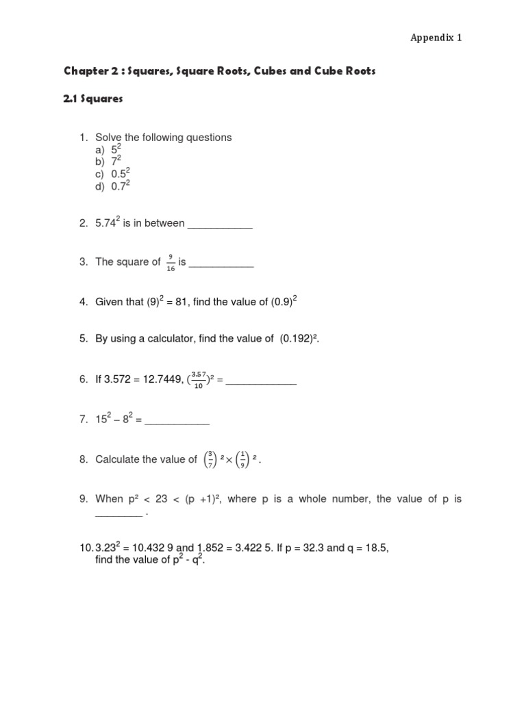 Squares and Square Roots Exercises | PDF | Teaching Methods & Materials ...